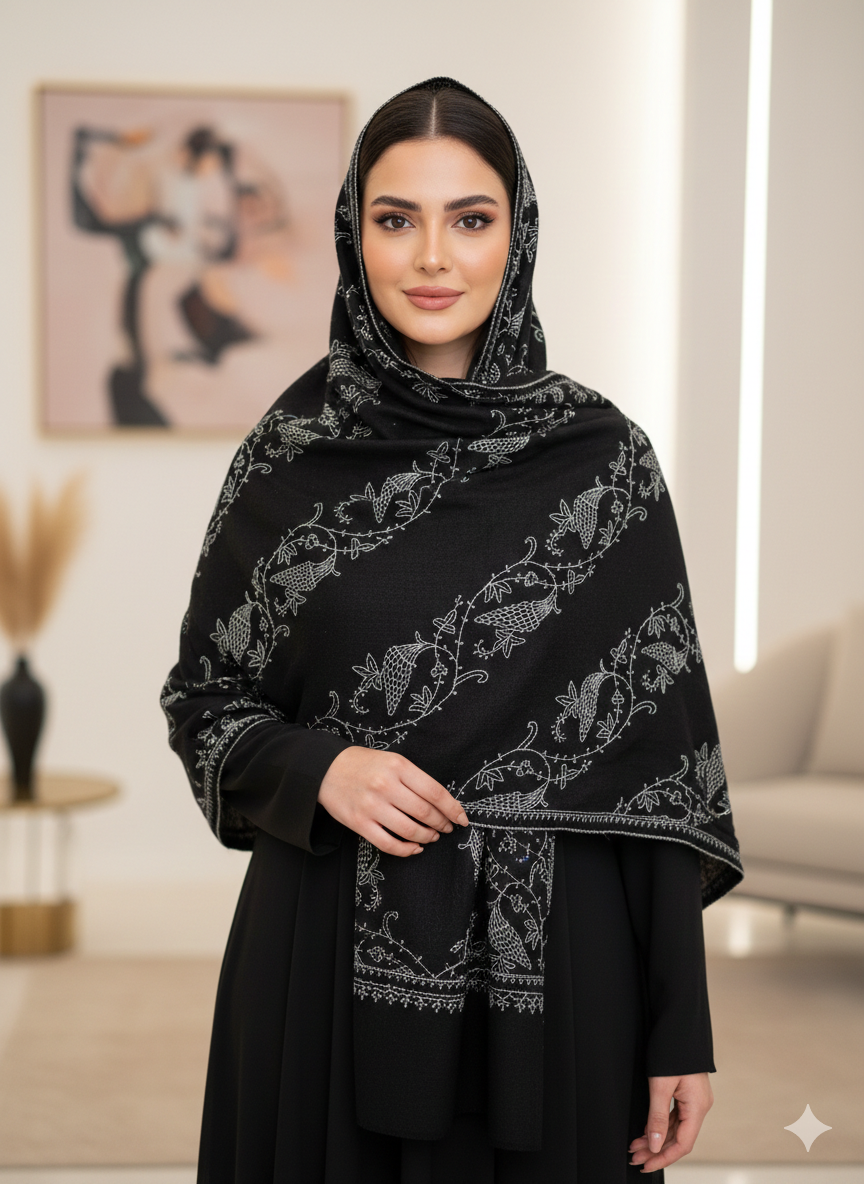 Pashmina Extra Fine Wool Shawl, Tone On Tone Palla Embroidery Design, Black