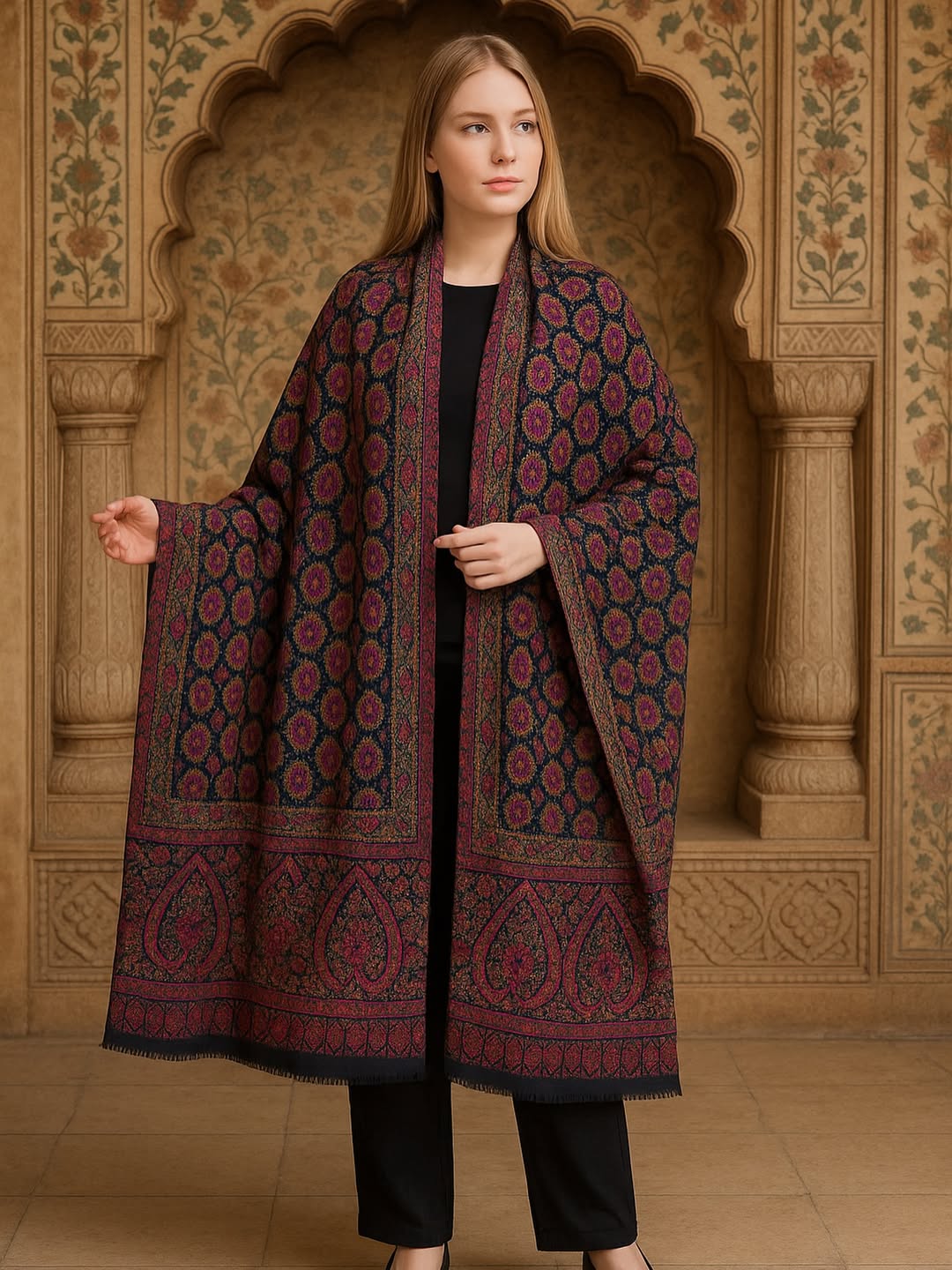 Pashmina Tres Chic Regal Collection, Wool Embroidery Nalki Scarf, Rich Black